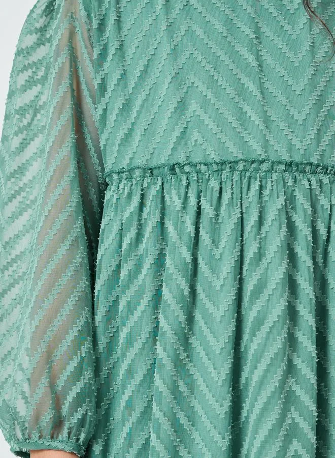 Styli Girls Green Balloon Sleeve Ruffled Hem Dress